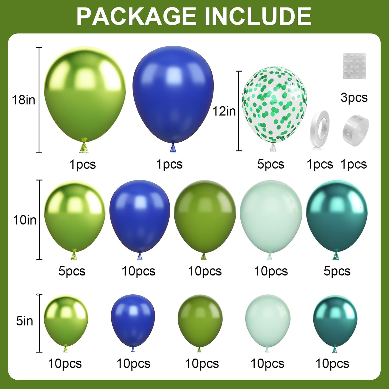 Set arcada baloane, decoratiuni petrecere verde albastru, de diferite culori si dimensiuni, 97 bucati, cu banda baloane si buline adezive