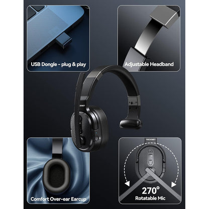 Casca call center Wireless Bluetooth, cu microfon rotativ 270°, USB dongle, anulare a zgomotului, functionare pana la 70 de ore, raza de 15m, pentru PC, smartphone, neagra