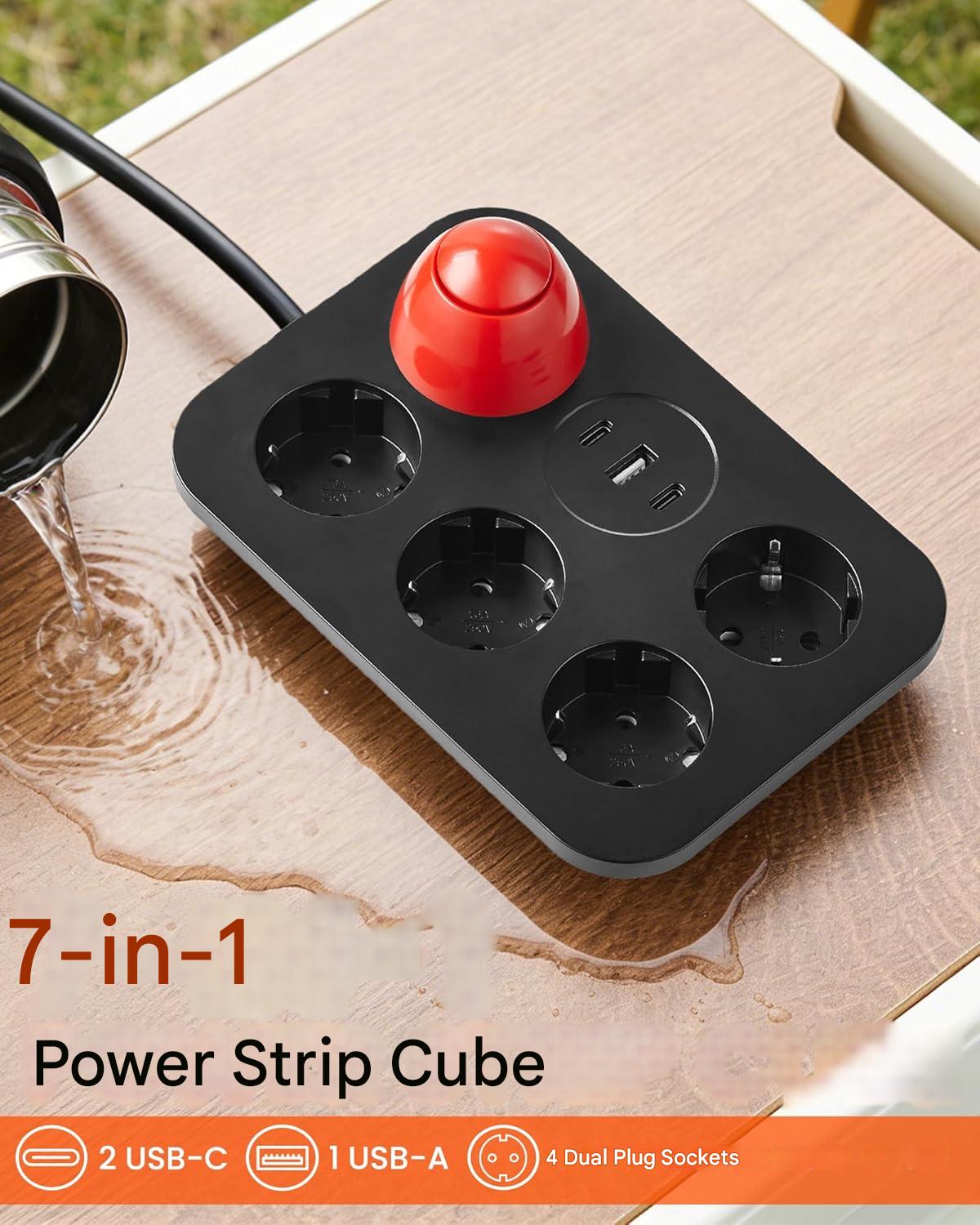 Prelungitor 7 in 1 cu protectie supratensiune, 4 prize + 2 USB-C + 1 USB-A, 16A 3680W, intrerupator, cablu 2 m, protectie copii si praf, negru