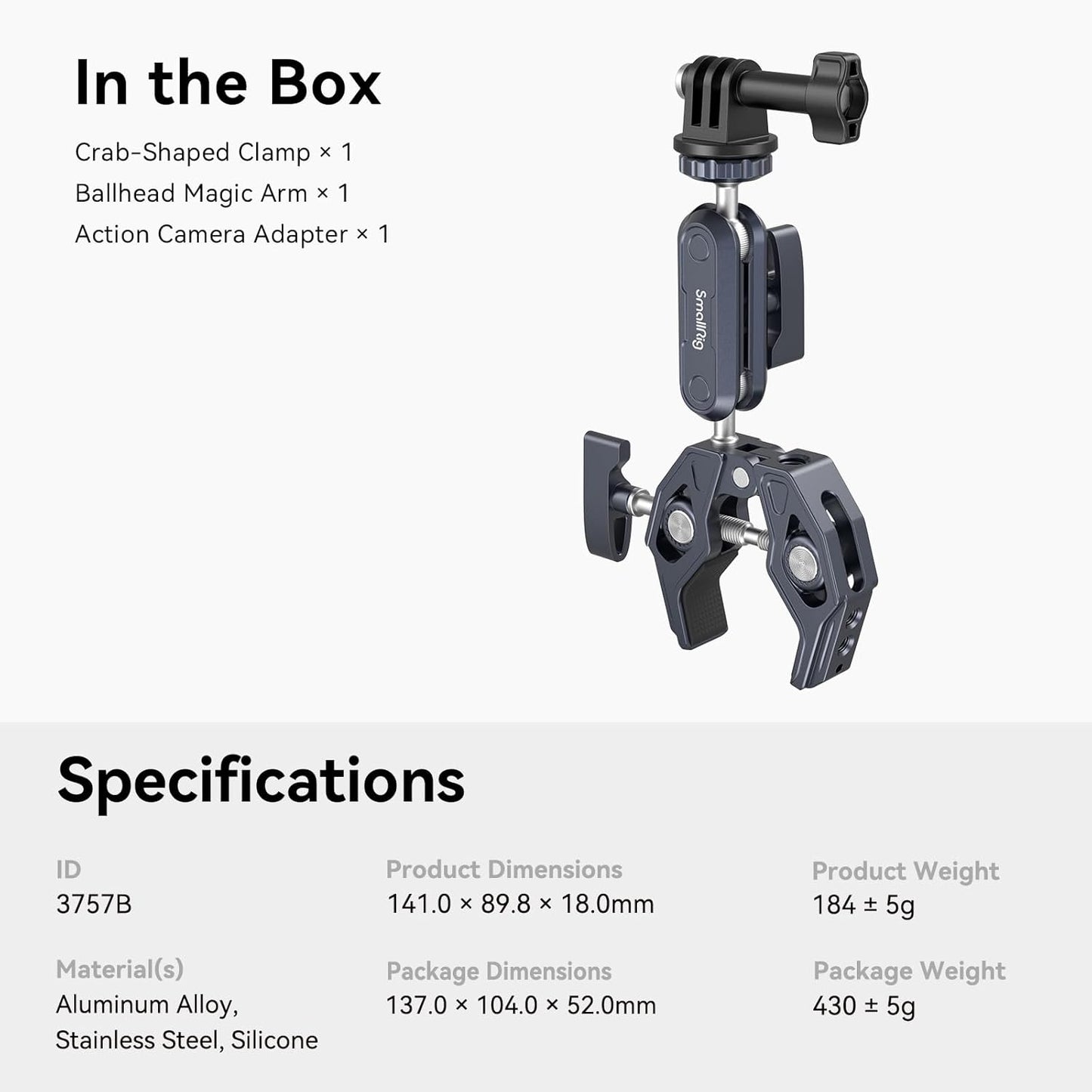 Clema de fixare magic arm cu menghina si montura cap bila cu rotatie 360°, adaptor GoPro, filete de 1/4 inch si 3/8 inch, clema crab cu sarcina maxima suportata 3.5 kg, 3757B