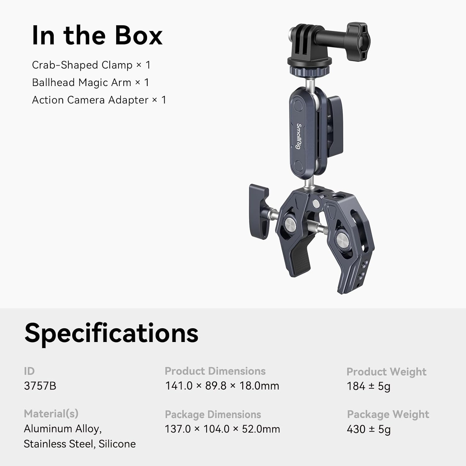 Clema de fixare magic arm cu menghina si montura cap bila cu rotatie 360°, adaptor GoPro, filete de 1/4 inch si 3/8 inch, clema crab cu sarcina maxima suportata 3.5 kg, 3757B