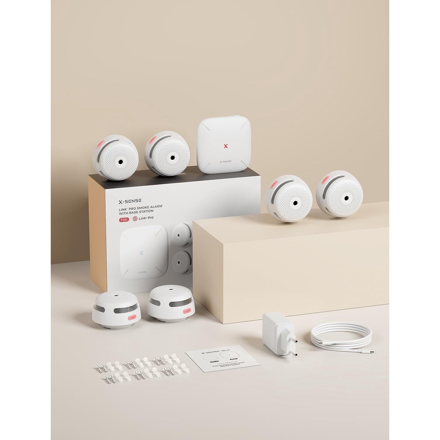 Set 6 detector de fum smart wireless cu statie de baza WiFi, senzor fotoelectric, alarma 85 dB, control prin aplicatie, 500 m raza interconectare, X-Smart