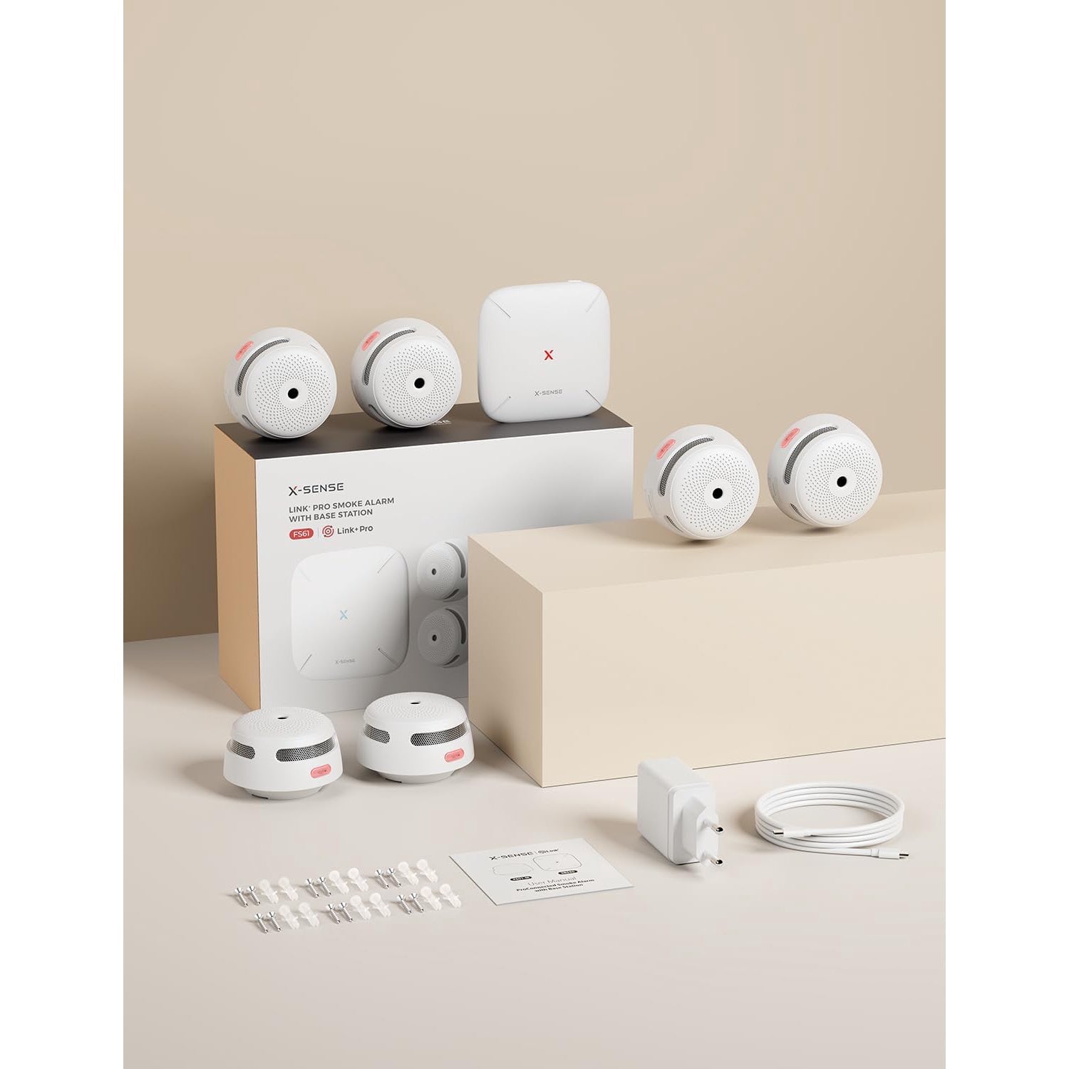 Set 6 detector de fum smart wireless cu statie de baza WiFi, senzor fotoelectric, alarma 85 dB, control prin aplicatie, 500 m raza interconectare, X-Smart