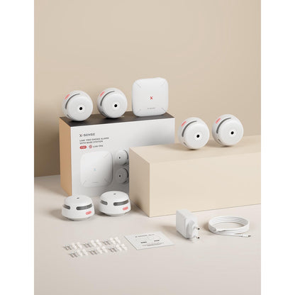 Set 6 detector de fum smart wireless cu statie de baza WiFi, senzor fotoelectric, alarma 85 dB, control prin aplicatie, 500 m raza interconectare, X-Smart
