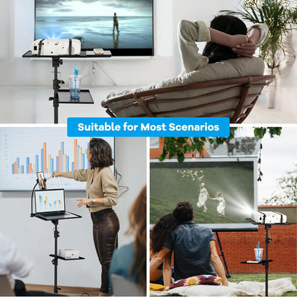Suport mobil pentru videoproiector/laptop, stand cu inaltime reglabila 71-137 cm, cu rotile, pin de blocare, suport smartphone, capacitate 14 kg, din metal, unghi reglabil 180°, pentru proiector, tableta, mixer, laptop, partitura, negru