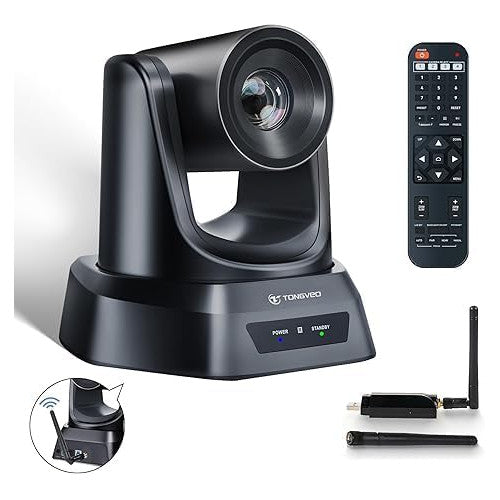 Camera PTZ wireless TONGVEO 5.8 GHz, 1080P 60FPS, USB 3.0, rotire 350° si inclinare 180°, telecomanda, receptor USB inclus, pentru videoconferinte si Streaming Live, compatibila Windows/Mac, Zoom si OBS, Plug & Play