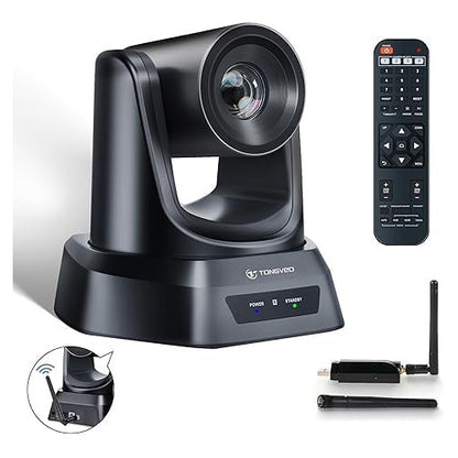 Camera PTZ wireless TONGVEO 5.8 GHz, 1080P 60FPS, USB 3.0, rotire 350° si inclinare 180°, telecomanda, receptor USB inclus, pentru videoconferinte si Streaming Live, compatibila Windows/Mac, Zoom si OBS, Plug & Play