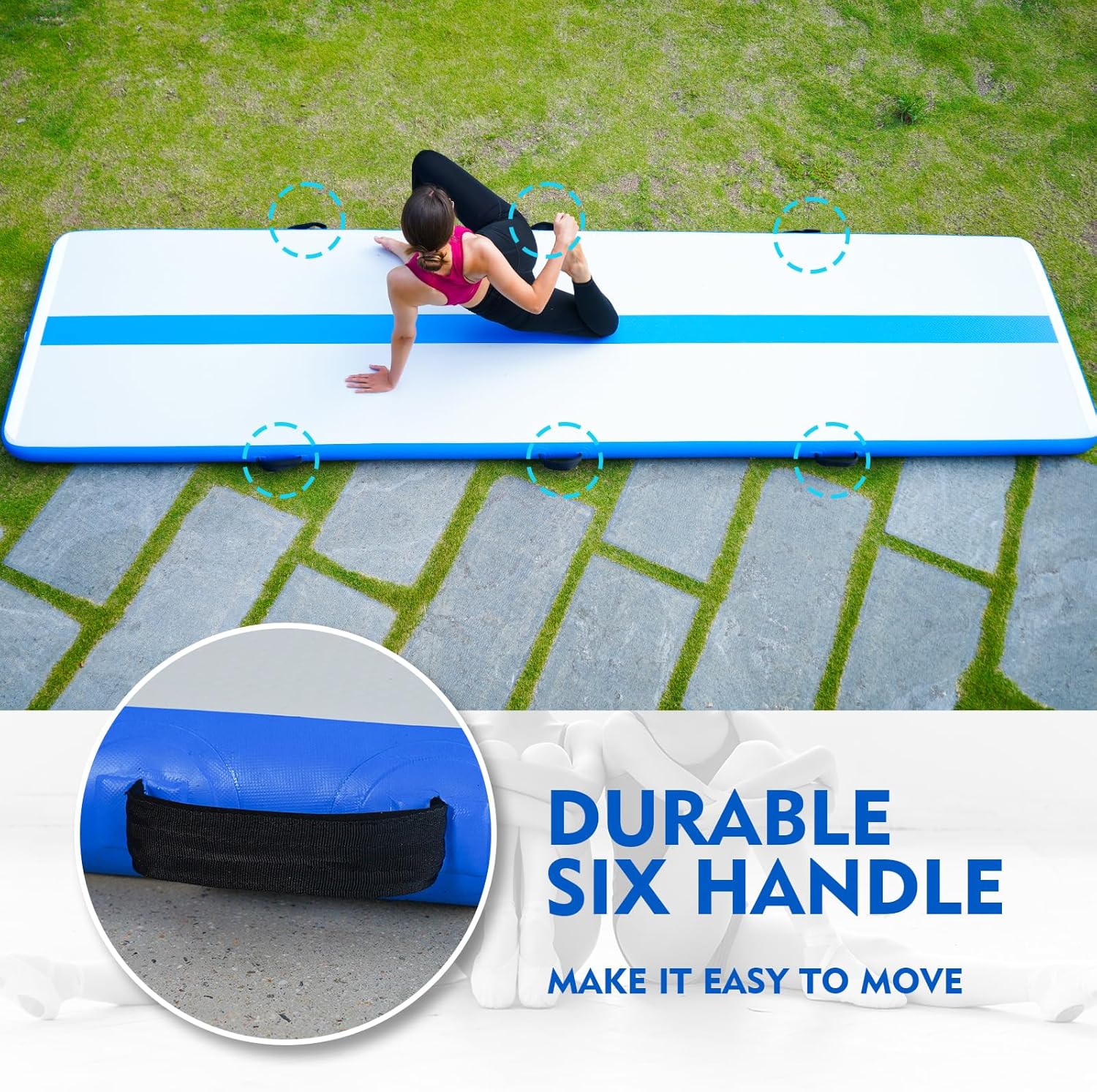 Saltea pentru antrenament gimnastica, gonflabila, 300 x 100 x 10 cm, din PVC, rezistent UV, cu pompa electrica si geanta de transport, albastra