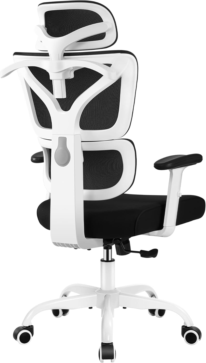 Scaun de birou ergonomic 50cm x 44cm x 128 cm, mecanism tilt, inaltime reglabila, rotativ 360°, tetiera reglabila, suport lombar, cotiere 3D, spatar reglabil 90°/105°/130°, alb