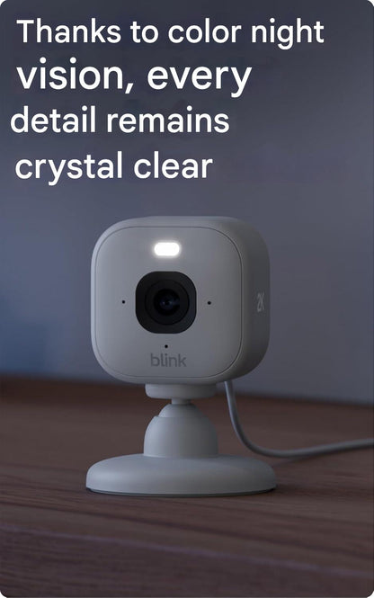 Camera de supraveghere Blink Mini 2K, rezolutie 2K, zoom 4X, vedere nocturna color cu LED, audio bidirectional cu anulare zgomot, functioneaza cu aplicatia Alexa, conectare la priza, alb