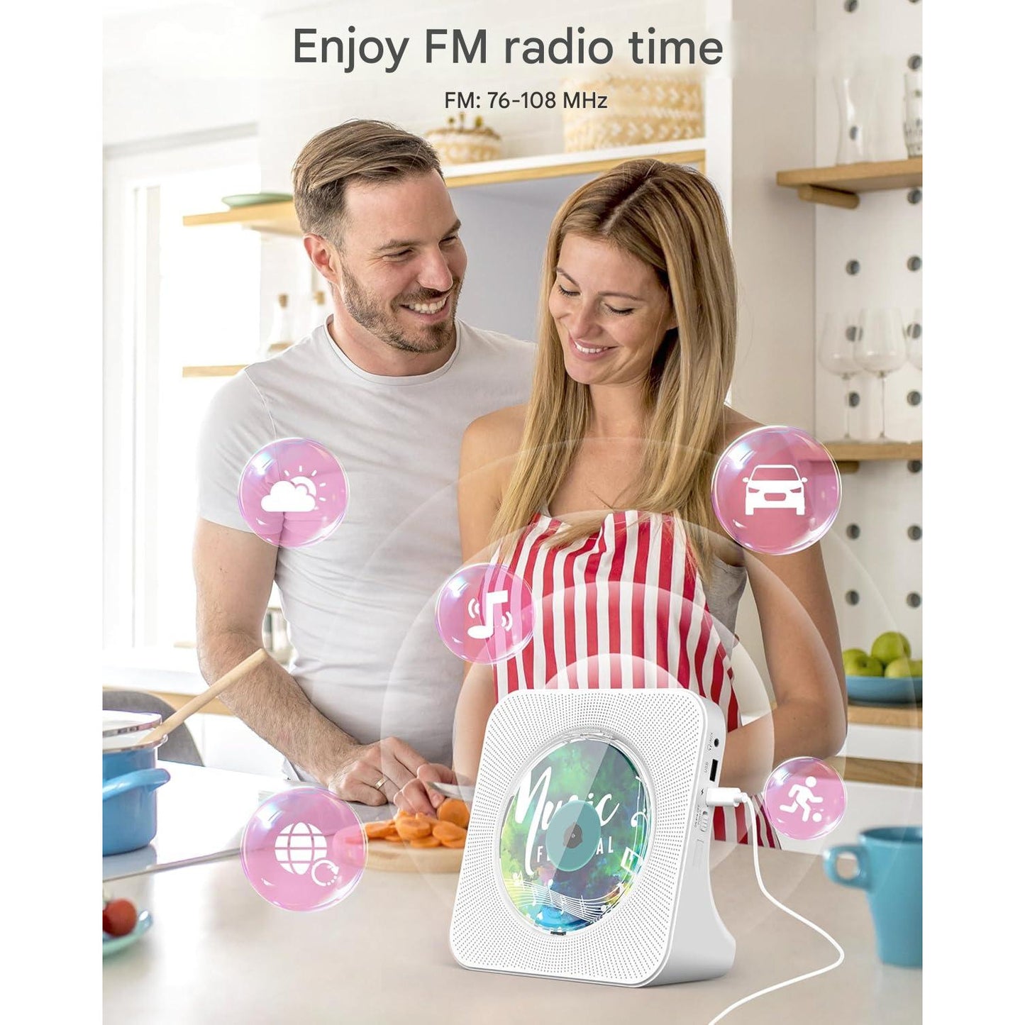 CD Player portabil premium Greadio cu Bluetooth 5.0 bidirectional, difuzoare HiFi stereo, telecomanda, display LED, radio FM, suport CD/MP3/USB/AUX, jack casti, design elegant anti-praf, functie sleep timer, alb