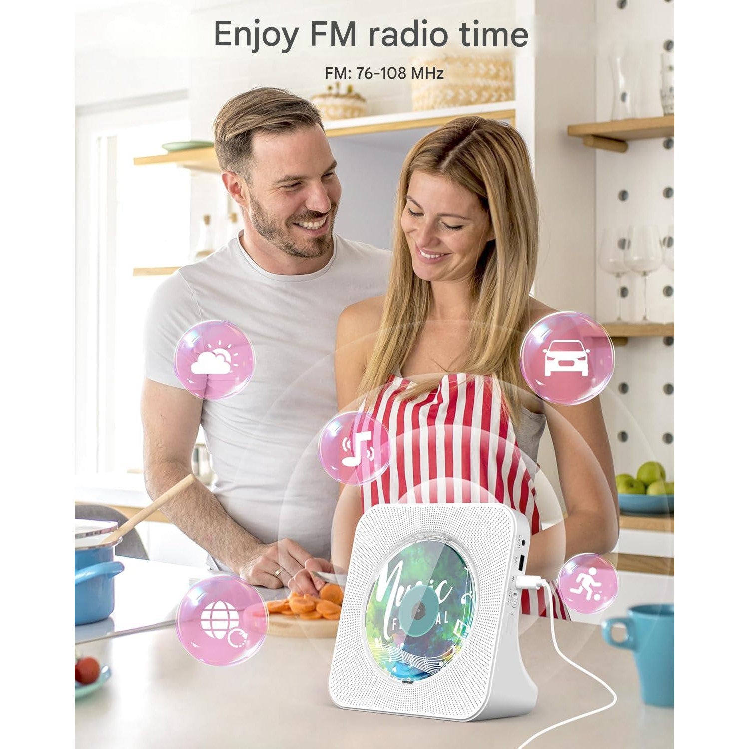 CD Player portabil premium Greadio cu Bluetooth 5.0 bidirectional, difuzoare HiFi stereo, telecomanda, display LED, radio FM, suport CD/MP3/USB/AUX, jack casti, design elegant anti-praf, functie sleep timer, alb