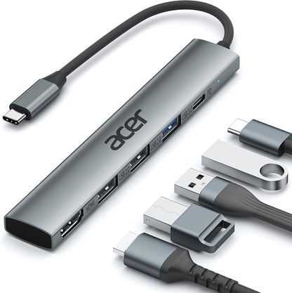 HUB adaptor 5 in 1, cu USB C PD 100W, HDMI, 2 porturi USB 2.0, 1 port USB 3.0, carcasa din aluminiu, portabil, compatibil cu Laptop Acer, Chromebook, Surface, Galaxybook, MacBook Pro/Air, iPad Pro/Air
