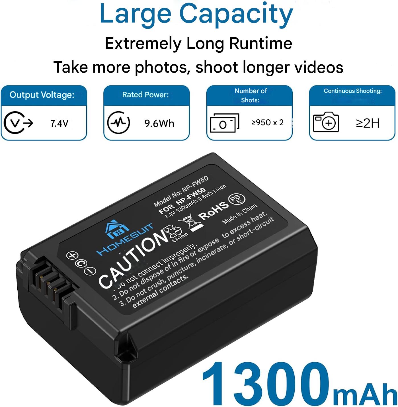 Set 2 acumulatori NP-FW50 1300 mAh si incarcator LCD USB pentru Sony ZV-E10 A6000 A6300 A6400 A6500 A5100 A5000 A7 A72 A7R A7R2 A7S2 7RM2 7SM2 7M2 A7R2 A7S2 55 RX15 0 II III IV NEX-3/5/6/7 NEX-F3