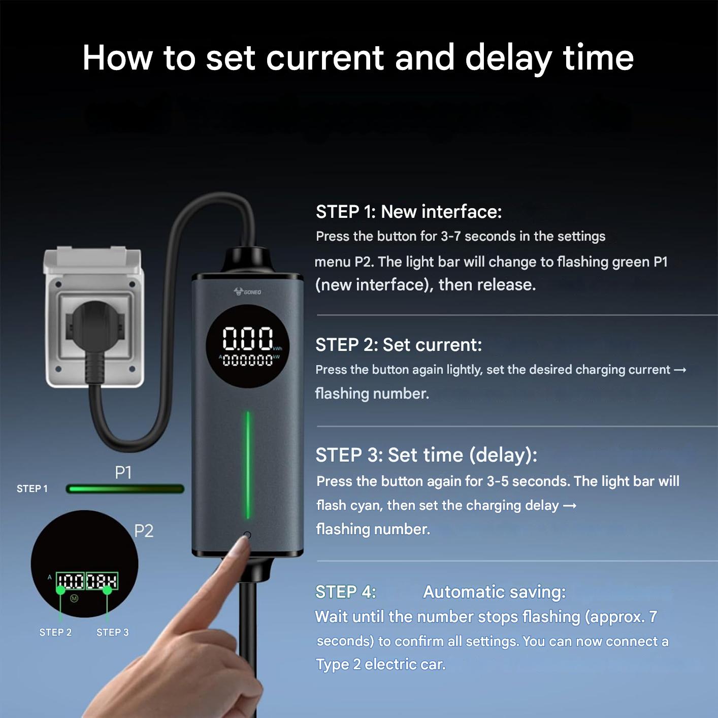 Statie de incarcare portabila cu cablu Type 2, 3,68 kW, 6A - 16A, 15m, impermeabil IP55, 230 V, IEC 62196-2, 62752, GONE, cablu de incarcare EV si cablu de incarcare de urgenta, pentru masini electrice si hibride Plug-in, afisaj LCD, cu protectie FI AC/DC