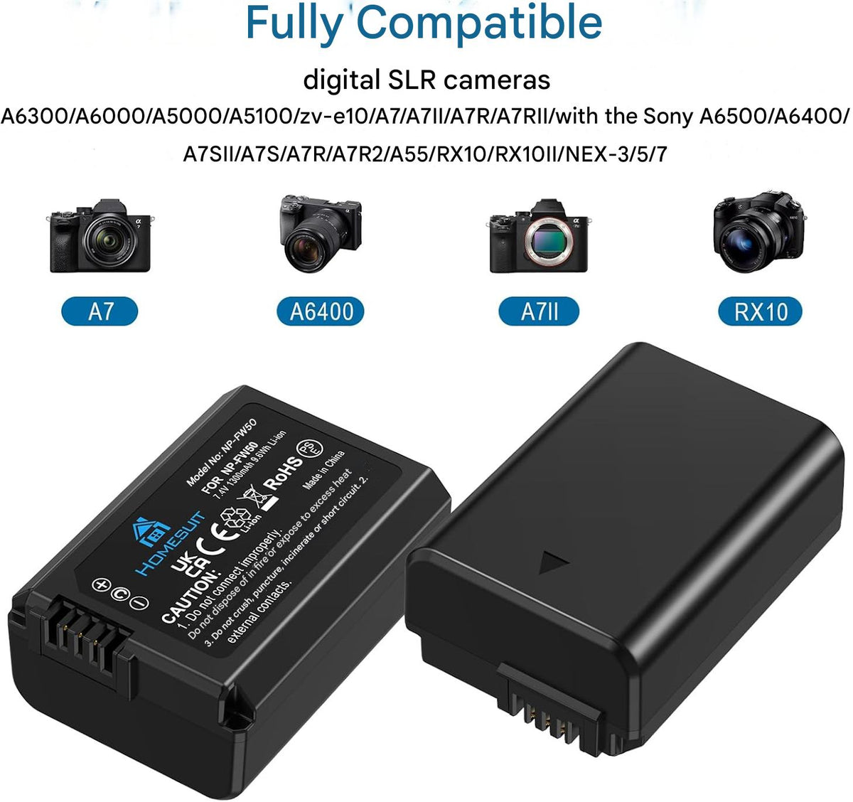 Set 2 acumulatori NP-FW50 1300 mAh si incarcator LCD USB pentru Sony ZV-E10 A6000 A6300 A6400 A6500 A5100 A5000 A7 A72 A7R A7R2 A7S2 7RM2 7SM2 7M2 A7R2 A7S2 55 RX15 0 II III IV NEX-3/5/6/7 NEX-F3