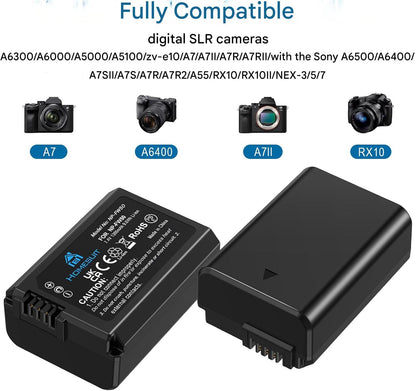 Set 2 acumulatori NP-FW50 1300 mAh si incarcator LCD USB pentru Sony ZV-E10 A6000 A6300 A6400 A6500 A5100 A5000 A7 A72 A7R A7R2 A7S2 7RM2 7SM2 7M2 A7R2 A7S2 55 RX15 0 II III IV NEX-3/5/6/7 NEX-F3