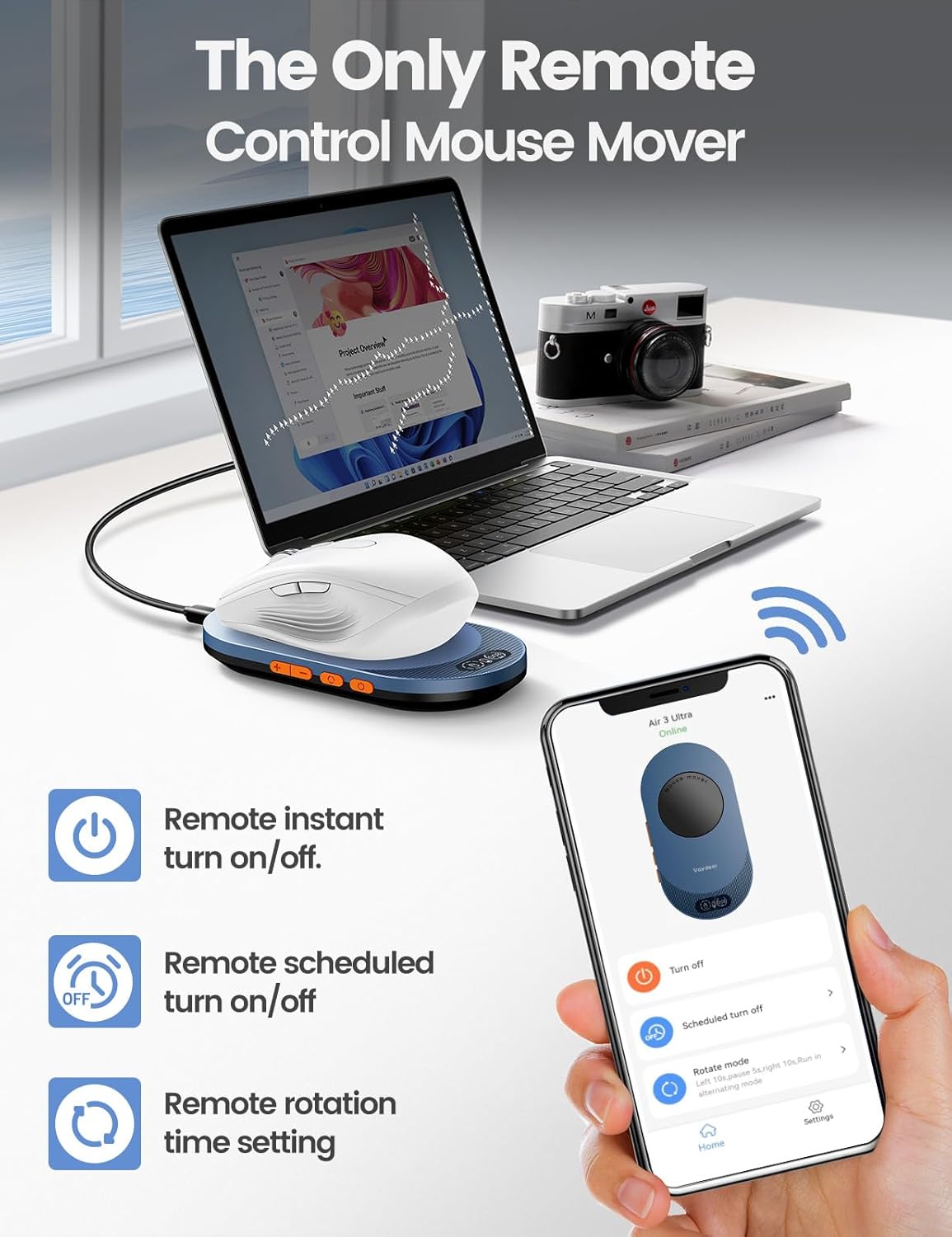 Mouse Air 3 Ultra cu control prin aplicatie, dispozitiv de miscare mouse ultra subtire cu functie de temporizator, afisaj LED, nedetectabil si silentios, simuleazasimuleaza miscarea cursorului