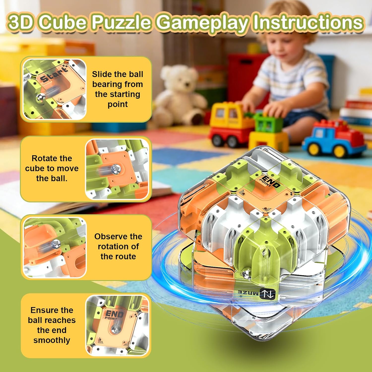 Labirint puzzle 3D Coolden 2 in 1 cu bile rotitoare, cub magic mare, jucarie interactiva si educativa, joc de inteligenta pentru dezvoltarea gandirii logice si a rationamentului, antistres, distractiv pentru copii si adulti