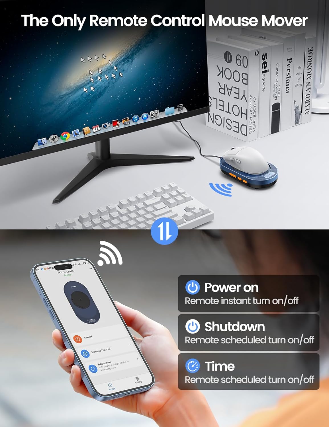 Mouse M4 Ultra cu control prin aplicatie, dispozitiv de miscare mouse, Plug and Play, afisaj LED, cu temporizator reglabil, nedetectabil, simuleaza miscarea cursorului