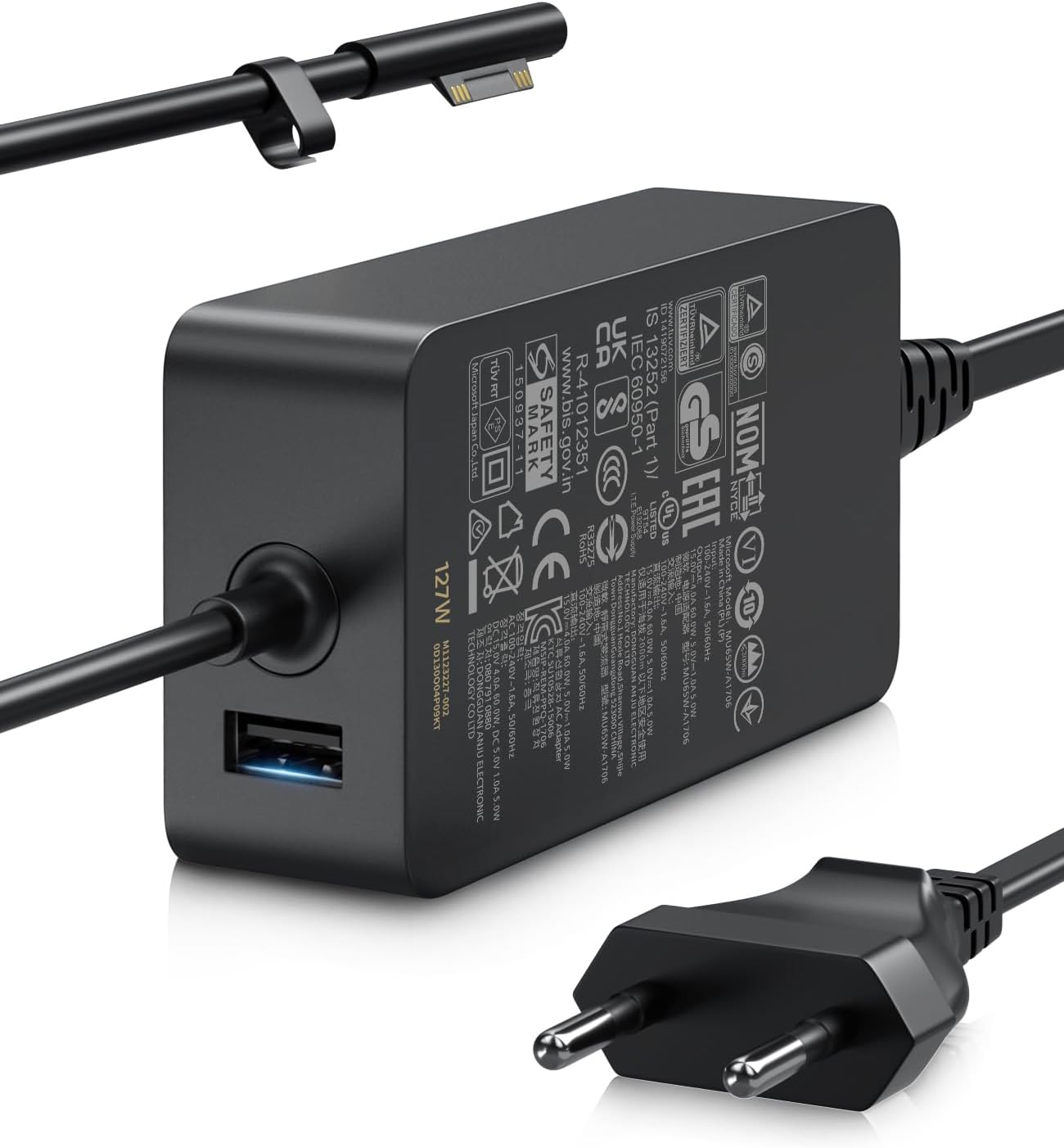 Incarcator tableta/laptop Surface Book 3/2/1, Surface Laptop Studio 2/1, Surface Pro 11/10/9/8/7+/7/6/5/4/3/X, Surface Laptop 7/6/5/4/3/2, Surface Go 4/3/2/1, 127W, 15V 8A, cu iesire USB, negru