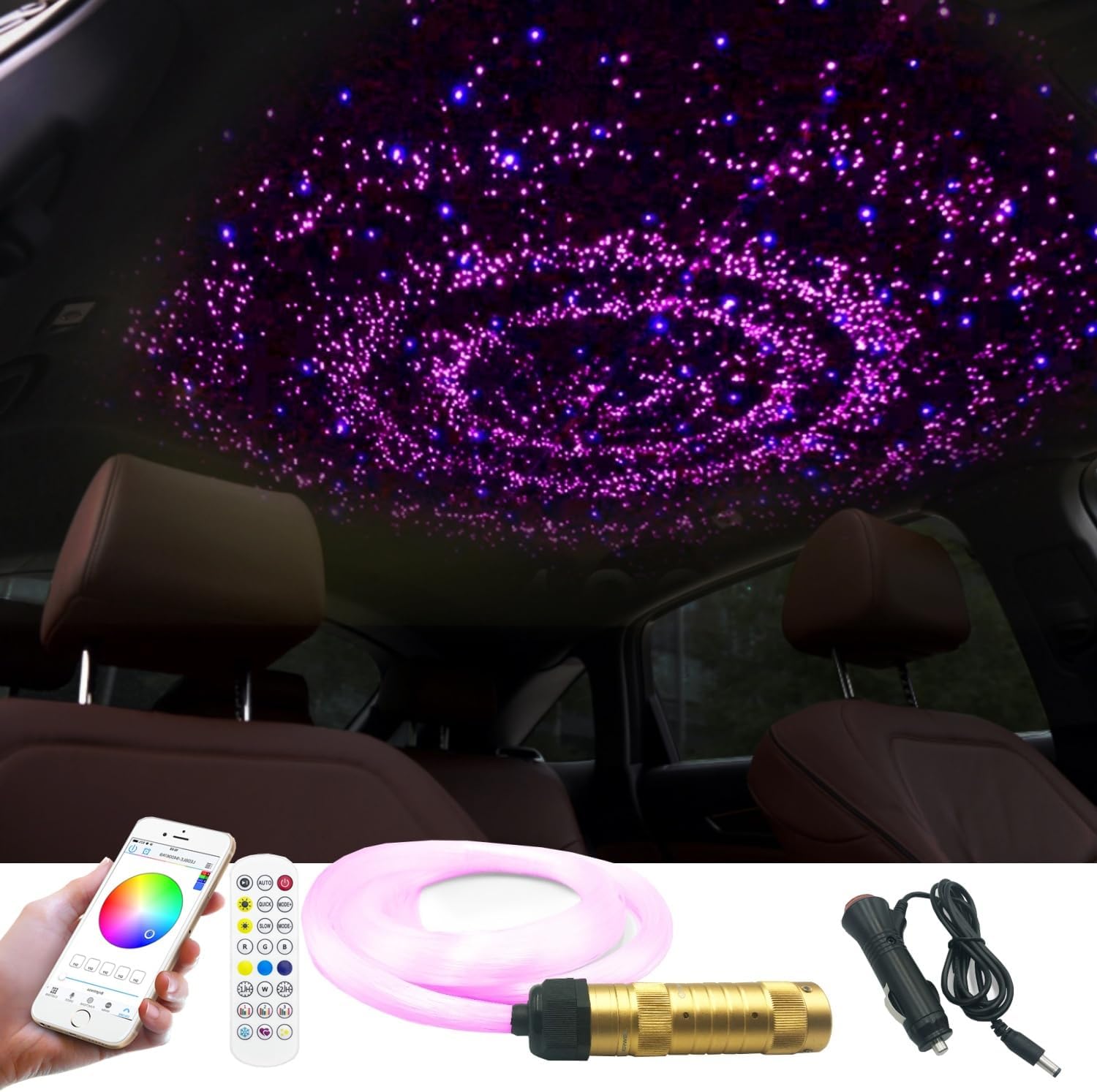 Kit fibra optica plafon instelat cu 300 de fire 0.75 mm de 2 metri, RGBW, masina de iluminat cu telecomanda si control prin aplicatie, Bluetooth, sincronicare muzica, Starry Sky