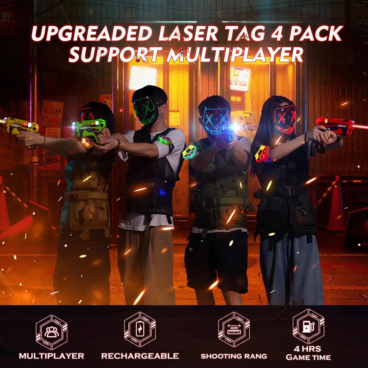 Set pistol infrared Laser Tag, 4 arme de jucarie 2.4 GHz cu 4 receptoare, display LED, 5 moduri tragere, statie de incarcare, infrarosu, interactiv, pentru interior si exterior