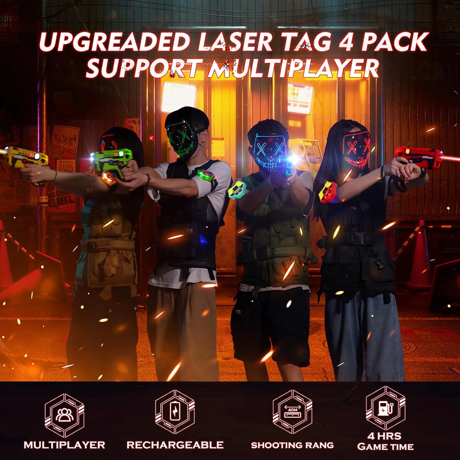 Set pistol infrared Laser Tag, 4 arme de jucarie 2.4 GHz cu 4 receptoare, display LED, 5 moduri tragere, statie de incarcare, infrarosu, interactiv, pentru interior si exterior