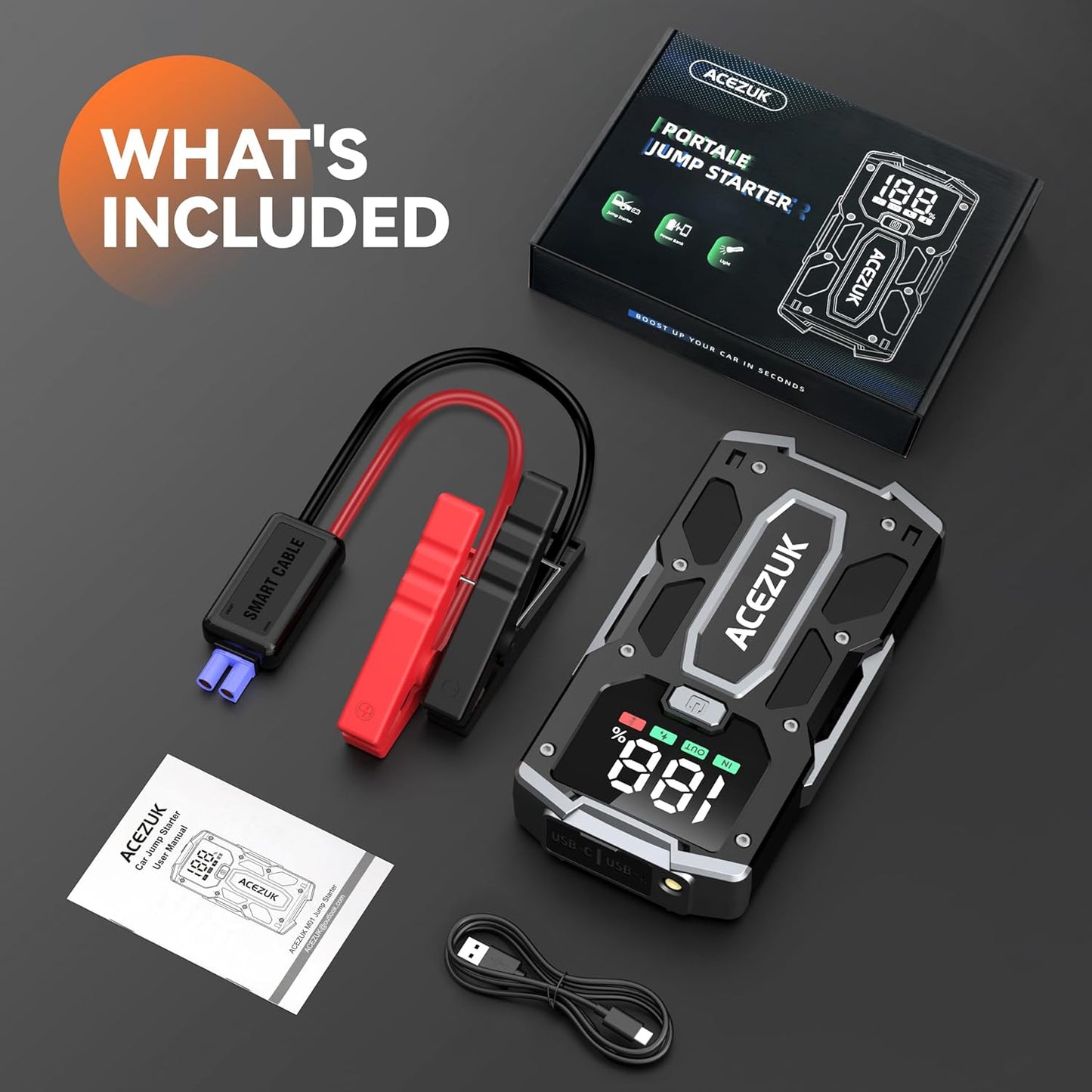 Starter auto portabil, jump starter 4000 A, robot de pornire cu functie powerbank, 12800 mAh, lanterna LED, ecran LCD, pana la 7 litri benzina si 5.5 litri diesel 12V, multifunctional