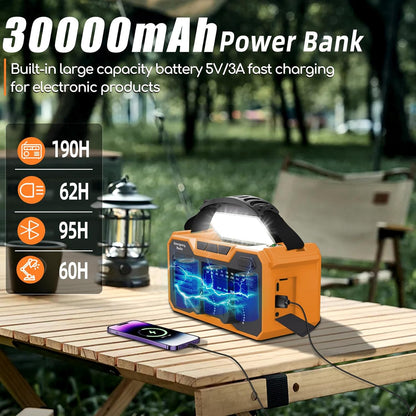 Radio portabil de urgenta cu manivela, 30.000 mAh, cu Bluetooth, panou solar, functie powerbank, lanterna si lumina de noapte, busola, alarma SOS, portocaliu