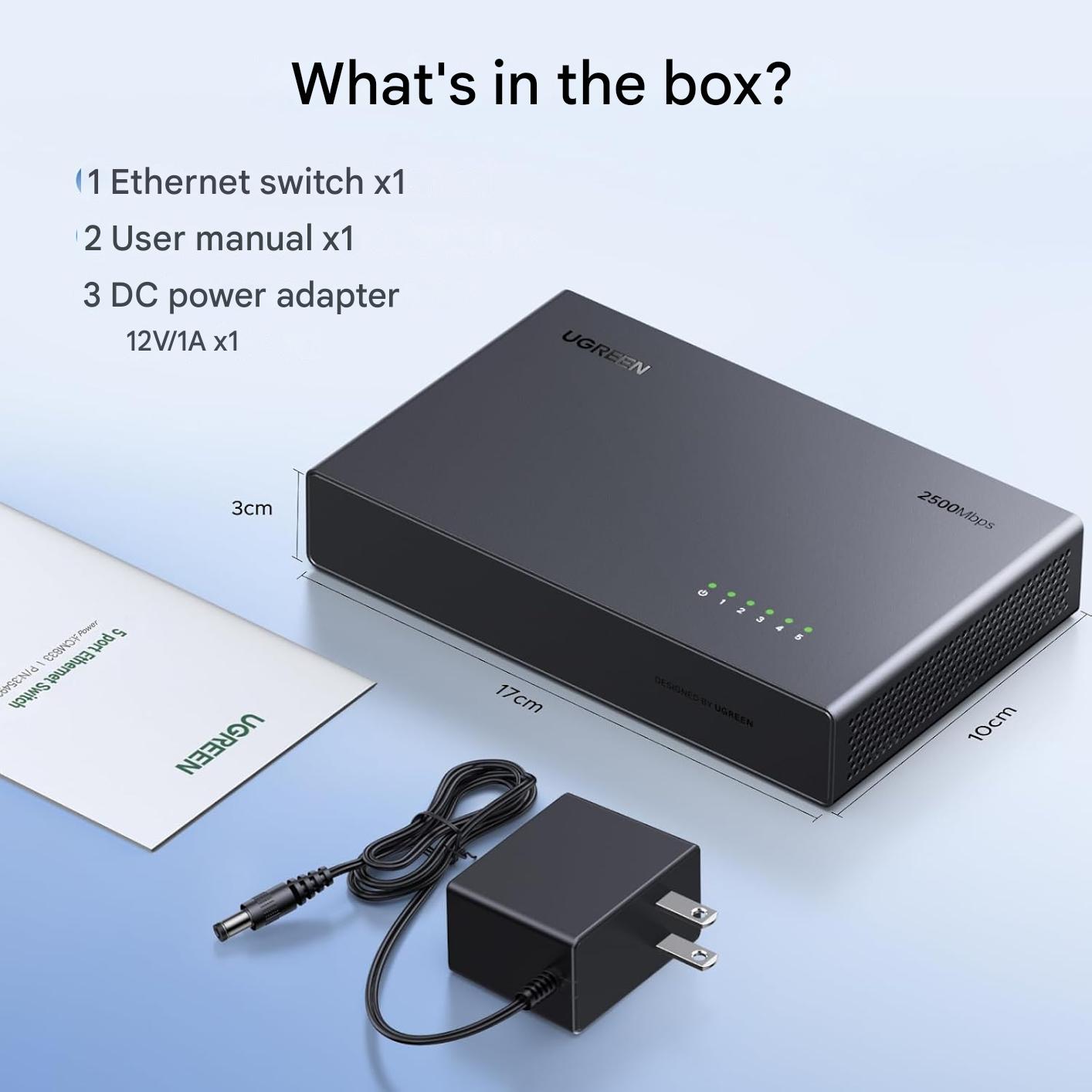 Switch LAN UGREEN 2.5G, 5 porturi 2.5G, neadministrat, pentru PC, NAS, server, WiFi 6, transfer rapid, fara ventilator, silentios, montare pe desktop sau perete