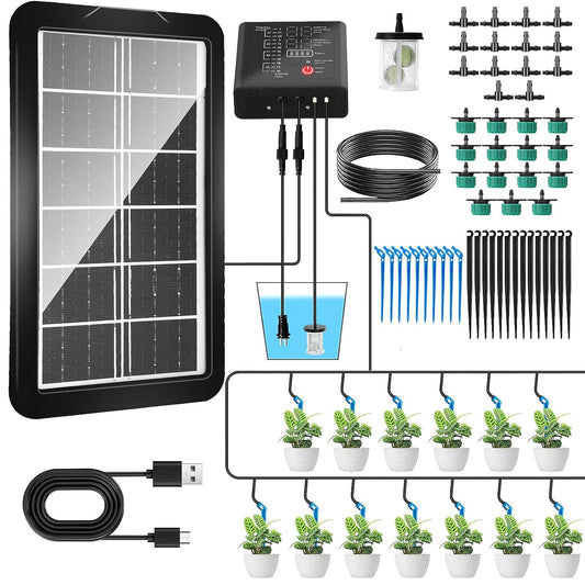 Kit sistem de irigare prin picurare solar automat, cu panou solar, 15 picuratoare, 15 m de furtun, senzor nivel apa, 12 moduri irigare, incarcare duala USB-C/solar, indicator nivel baterie, impermeabil IP65