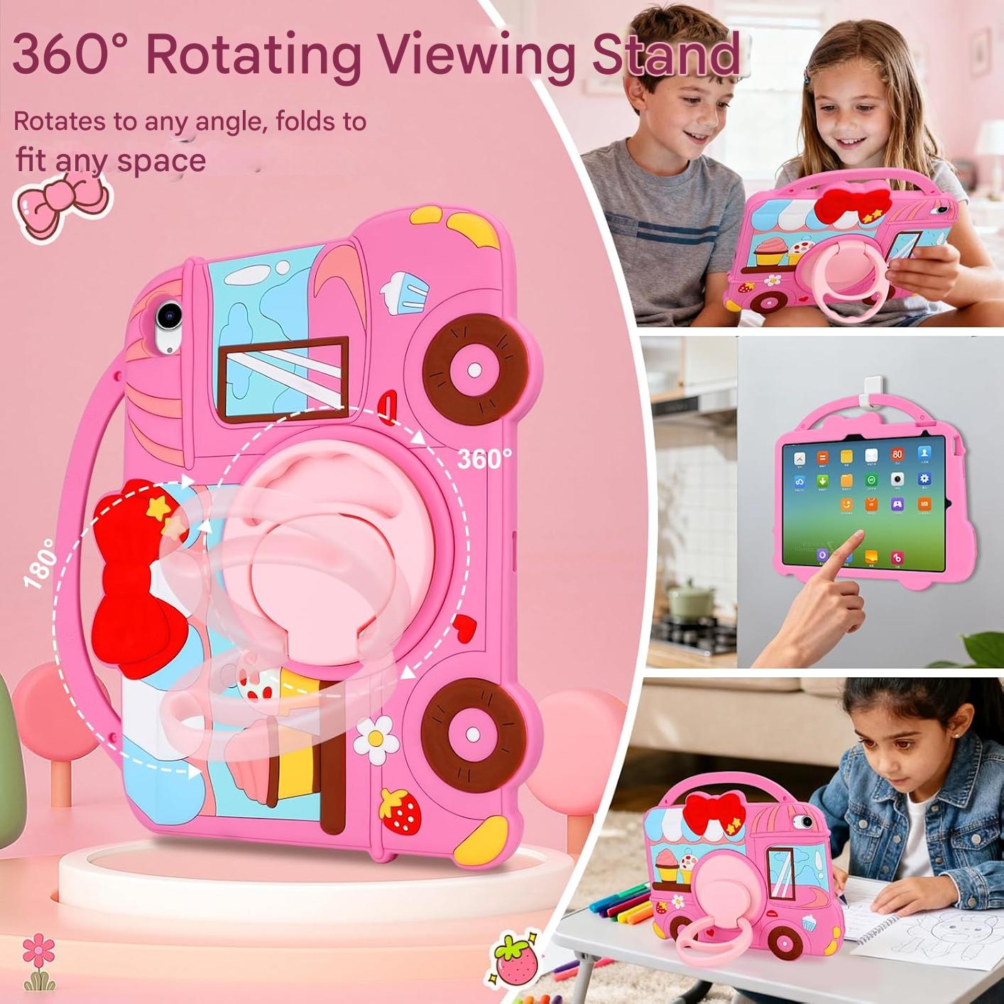 Husa pentru iPad a 11-a generație (A16) 2025 / iPad a 10-a generatie 10.9 2022, pentru fete, cu design dragut inghetata, deserturi, cu curea de umar rotativa, suport, protectie din silicon, roz