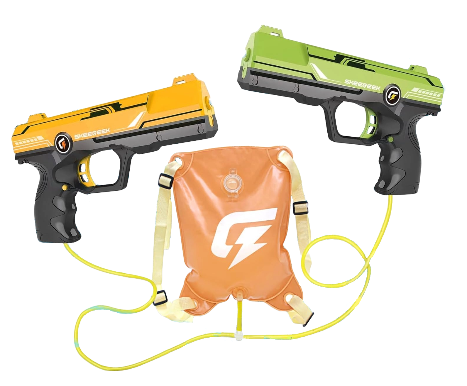 Set pistol cu apa electric, cu 2 pistoale si rezervor tip ghiozdan, bretele ajustabile, raza de 7m, cu acumulator reincarcabil, pentru copii +4 ani