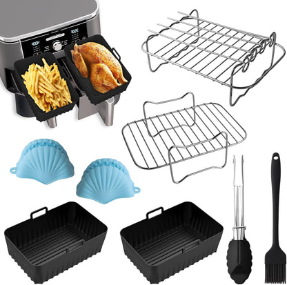 Set accesorii friteuza aer cald, 12 piese, compatibile cu Airfryer 7.6 litri, cu gratare, cleste, tavi silicon, perie pentru ulei, protectie de silicon, universal