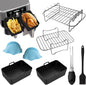 Set accesorii friteuza aer cald, 12 piese, compatibile cu Airfryer 7.6 litri, cu gratare, cleste, tavi silicon, perie pentru ulei, protectie de silicon, universal