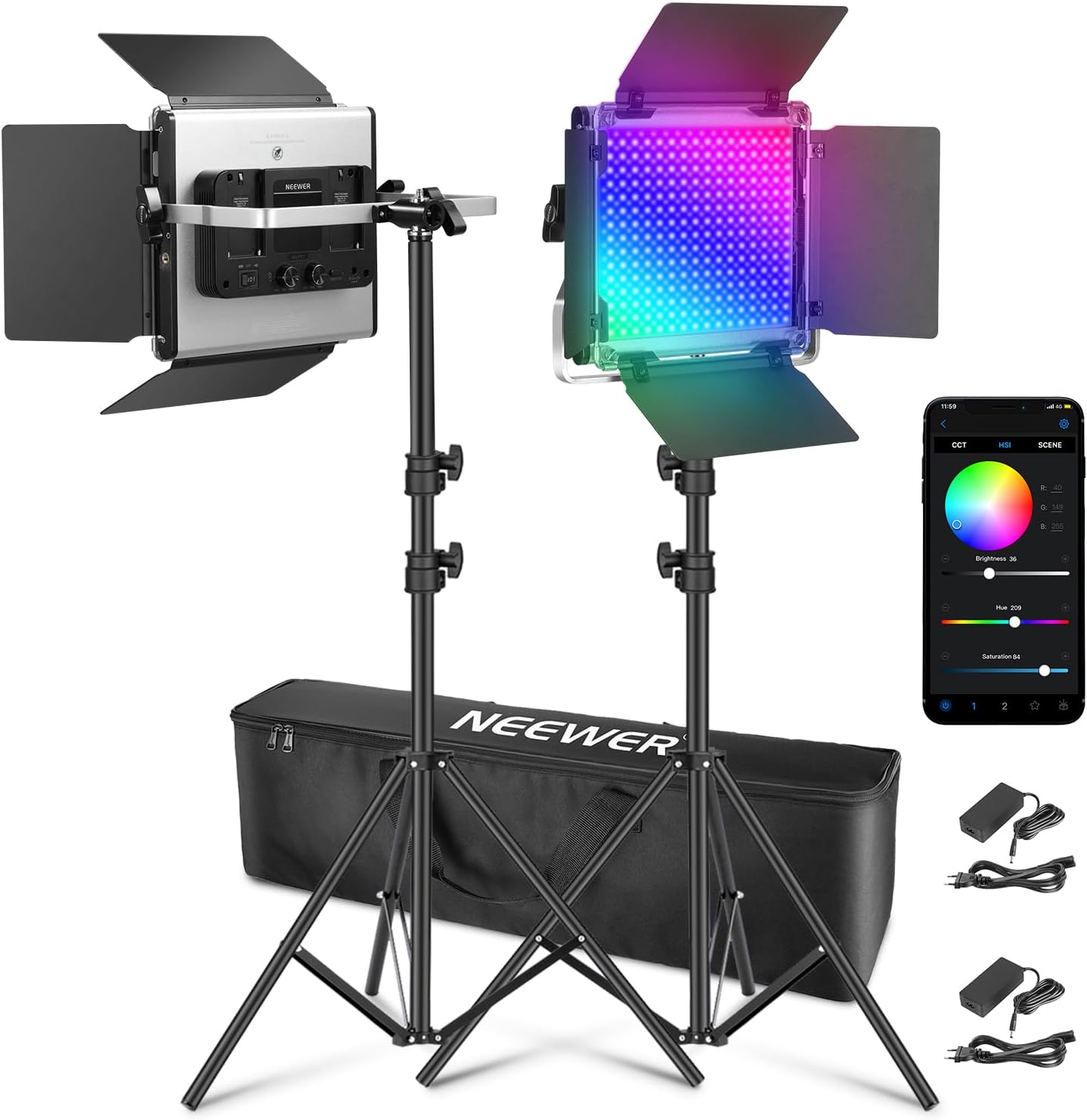 Kit lumina continua, 2 lampi foto-video 660 Pro II, LED RGB, CRI97+, control prin aplicatie, 50W, dimabile 1-100%, temperatura culoare reglabila 3200-5600 K, alimentare duala, 9 efecte de scena
