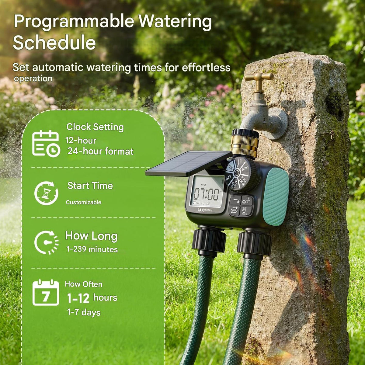 Computer de irigatii solar cu 2 zone, control automat si manual, functie intarziere la ploaie 24, 48, 72h, ecran LCD mare, incarcare solara si USB Tip C, rezistent IPX5, materiale durabile din alama si filtru metalic