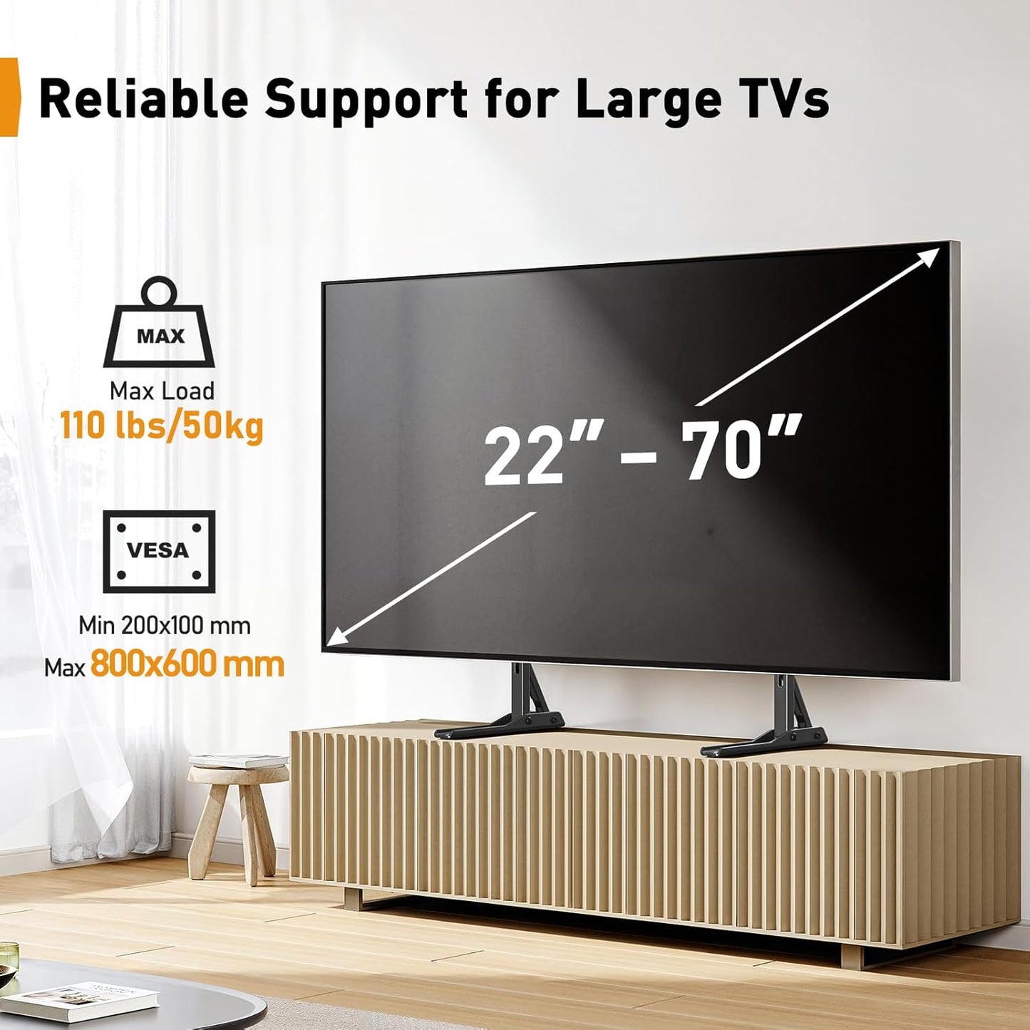 Suport TV de masa/birou, stand universal, diagonala 22-70 inch, pana la 50 kg, VESA de la 200 x 100 mm la 800 x 600 mm, picior TV cu inaltime reglabila si stabilitate ridicata