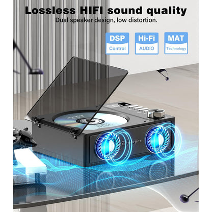 CD Player portabil cu Bluetooth 5.3, acumulator 4000 mAh, telecomanda, sunet HiFi, display LED, difuzor incorporat, cu Radio, USB, TF, AUX si port iesire optica, negru