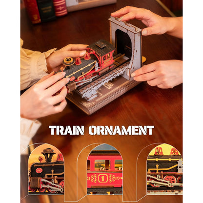 Puzzle 3D Book Nook Kit, Suport de carte DIY tren in tunel, 313 piese, accesoriu decorativ multifunctional