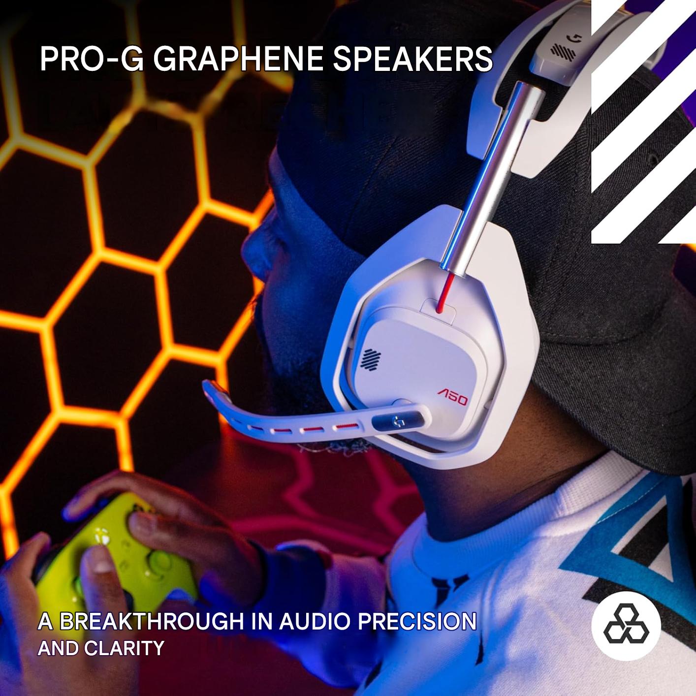 Casti gaming wireless Logitech G Astro A50 LIGHTSPEED Gen 5 cu statie de baza, PRO-G Graphene 40mm, comutare 3 platforme Xbox/PS5/PC/Mac/Switch, Bluetooth, microfon broadcast 48kHz, ANC, autonomie 24h, alb