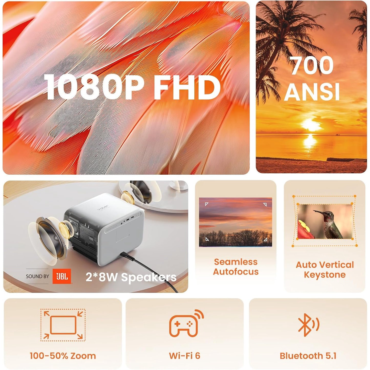 Videoproiector WiFi 6 si Bluetooth 5.1, Full HD 1080P, 700 lumeni ANSI, cu difuzoare JBL, autofocus, corectie trapezoidala verticala, zomm 50%, multifunctional, alb