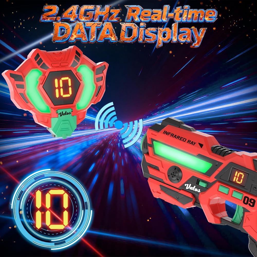 Set pistol Laser Tag VATOS, 4 arme cu infrarosu 2.4GHz + 4 veste cu senzori 360°, display LCD, 4 moduri de tragere, reincarcabil USB, sincronizare automata, raza 40m, joc interactiv pentru copii si familie