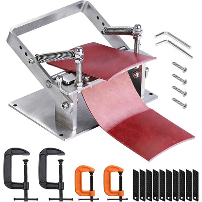 Masina de subtiat pielea, din otel inoxidabil, aparat manual pentru prelucrare piele, 10 lame interschimbabile, reglaj grosime 0, 1 mm, latime lucru 8 cm, maner antiderapant, utilizare manuala sau pe banc, pentru atelier si artizanat piele
