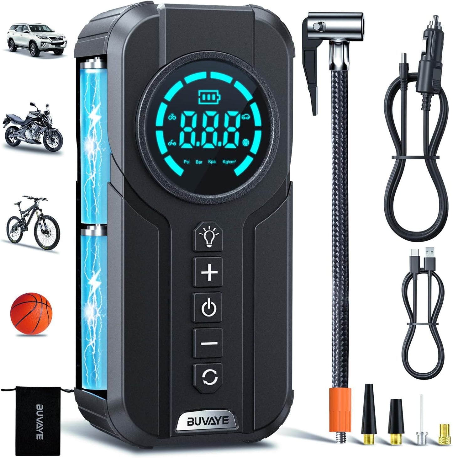 Pompa aer auto electrica 10 Bar, compresor cu display LED, acumulator 6000 mAh, lanterna, functie powerbank, 4 moduri umflare presetate, pentru masina, motocicleta, bicicleta, minge