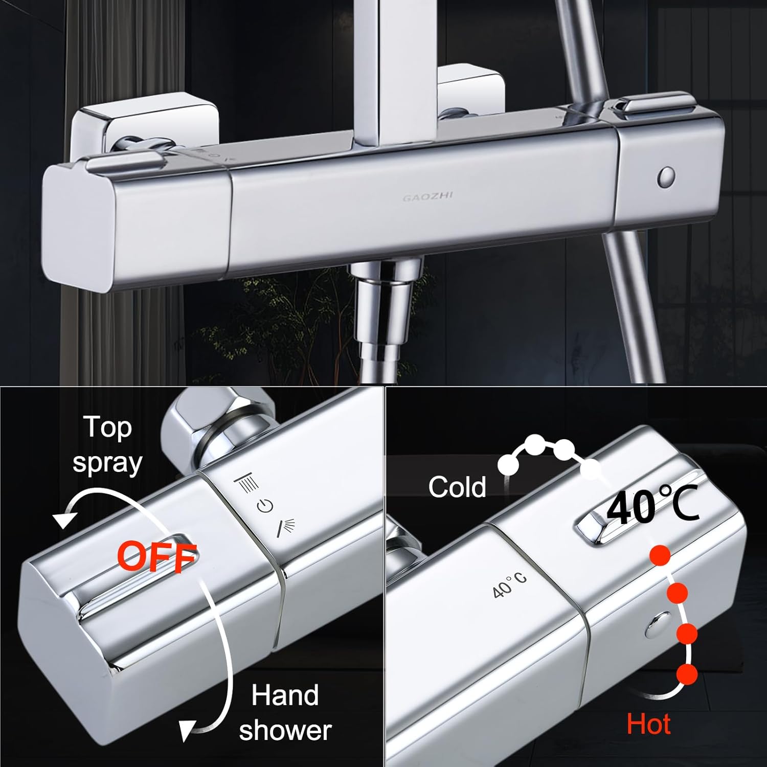 Coloana de dus, sistem cu termostat, model aparent, inaltime reglabila, cap dus tip ploaie 30 x 20 cm, 2 functii, cromat