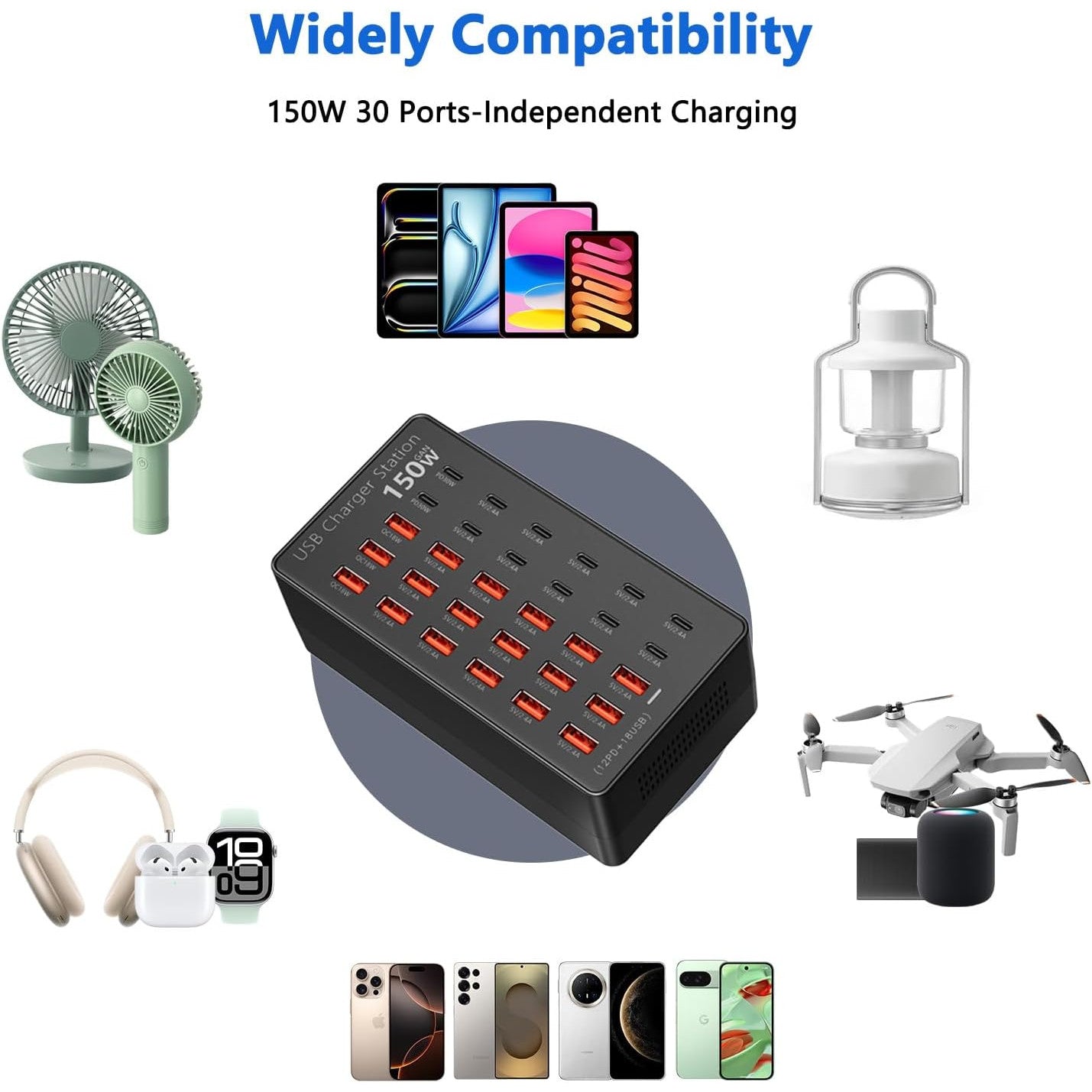 Statie de incarcare USB 150W, 30 porturi 12x USB-C + 18x USB-A, PD 30W si QC 18W, tehnologie GaN, incarcare simultana pentru telefoane, tablete, casti si smartwatch, cablu alimentare 1.5m, negru