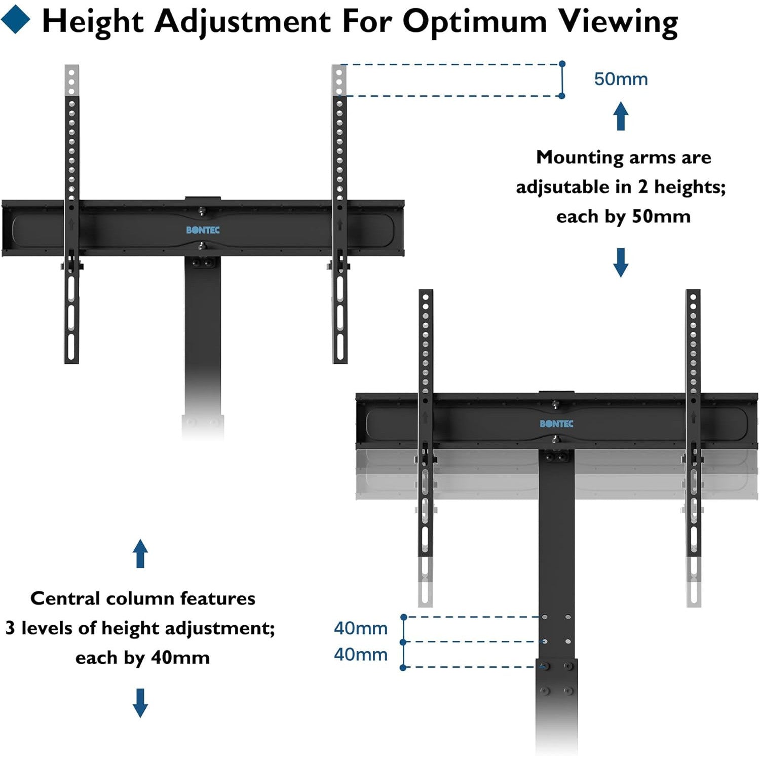Suport TV, stand pentru televizor 30-70 inch plat si curbat, VESA 600 x 400 mm, greutate suportata 40 kg, inaltime reglabila, brat pivotant, rafturi din sticla, negru