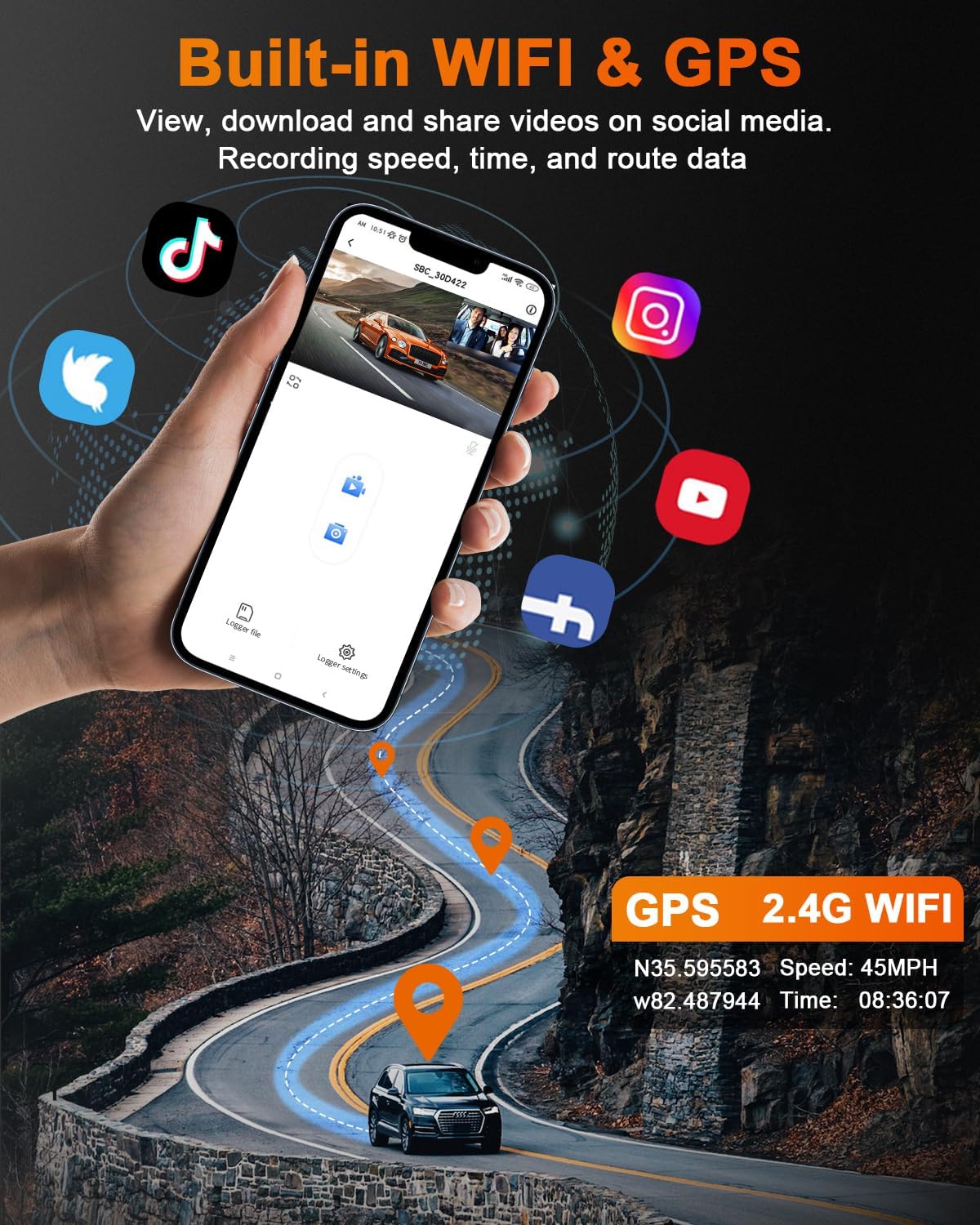 Camera auto de bord cu WiFi, GPS si 3 canale, camera marsarier, inregistrare fata si habitaclu, 4K, nightvision, G-Sensor, monitorizare parcare, ghidaj parcare, inregistrare in bucla, ecran de 2.45 inch